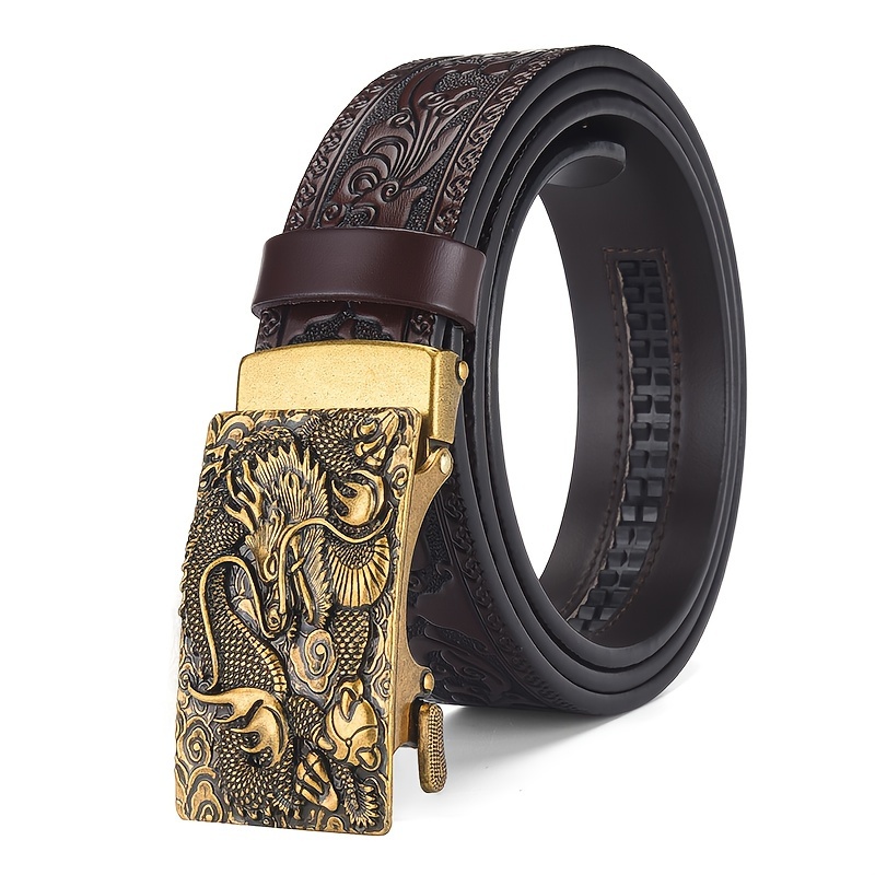 Dragon Head Leather Belt Men Intricate Carving Golden Buckle Brown Cowhide
